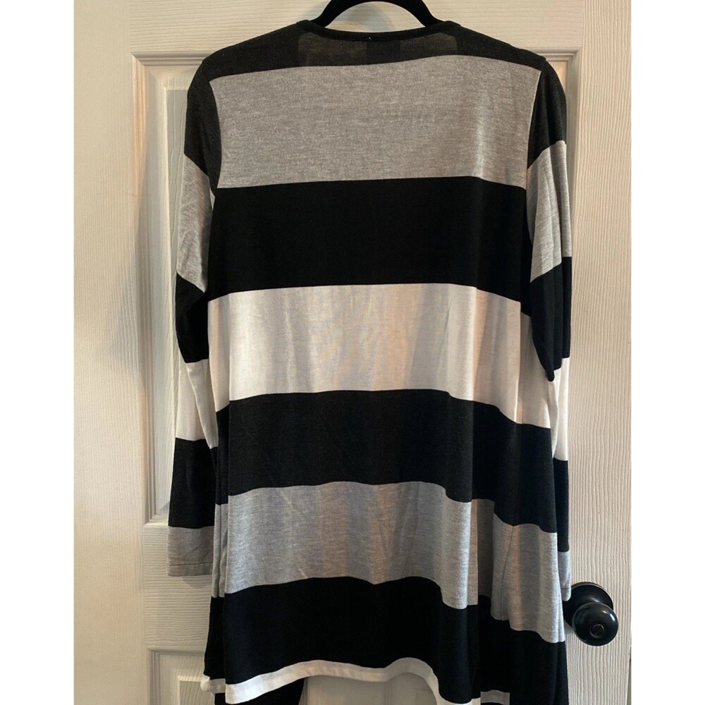 Sunday Women's Size L Open Front Long Sleeve Striped Cardigan Sweater Black Gray - Picture 3 of 4